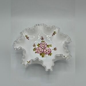 Fenton Silver Crest Apple Blossom Milk Glass Ruffled 10" Bowl